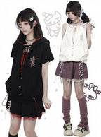 Sporty Kawaii Black & Red Mini Skirt with Lace-Up Details - PINK SAVIOR | CoyBunny