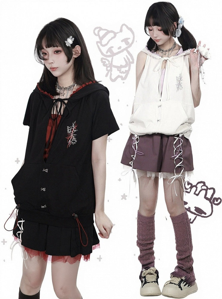 Sporty Kawaii Black & Red Mini Skirt with Lace-Up Details - PINK SAVIOR | CoyBunny