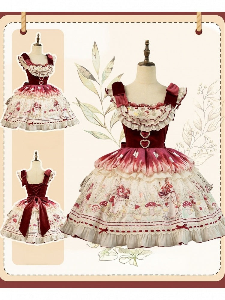 Red Velvet Mushroom Print JSK Dress with Heart Accent - Honey Machine | CoyBunny