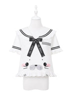 Cute Seal White Sailor Collar Short Sleeve T-Shirt with Bow and Ruffle - To Alice | CoyBunny