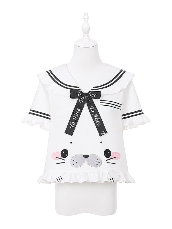 Cute Seal White Sailor Collar Short Sleeve T-Shirt with Bow and Ruffle - To Alice | CoyBunny