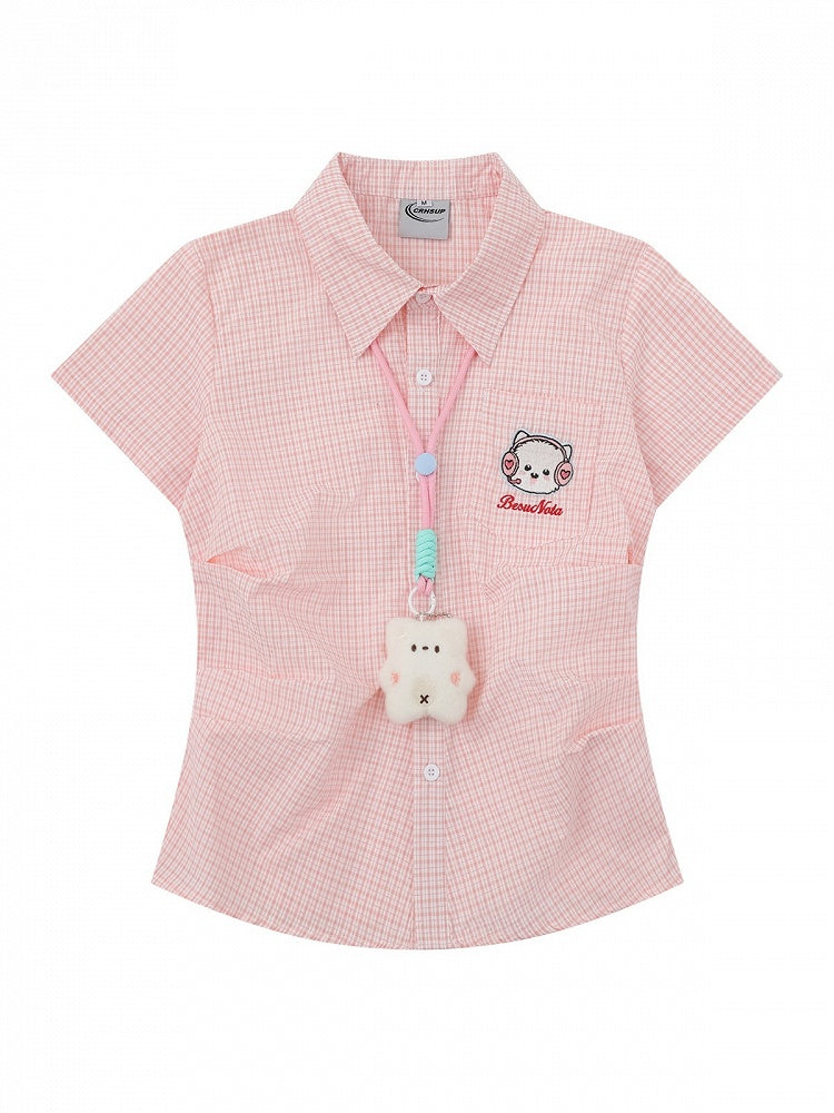 Pink Gingham Polo Short Sleeve Fitted Shirt Embroidery | CoyBunny