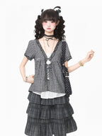 Gray Plaid V Neck Short Sleeve Top - Languid Park | CoyBunny