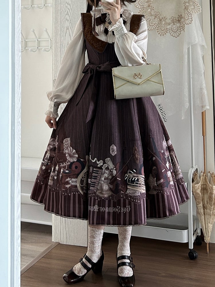 Brown Under Bust Violin and Piano Print Elegant Lolita Dress | CoyBunny