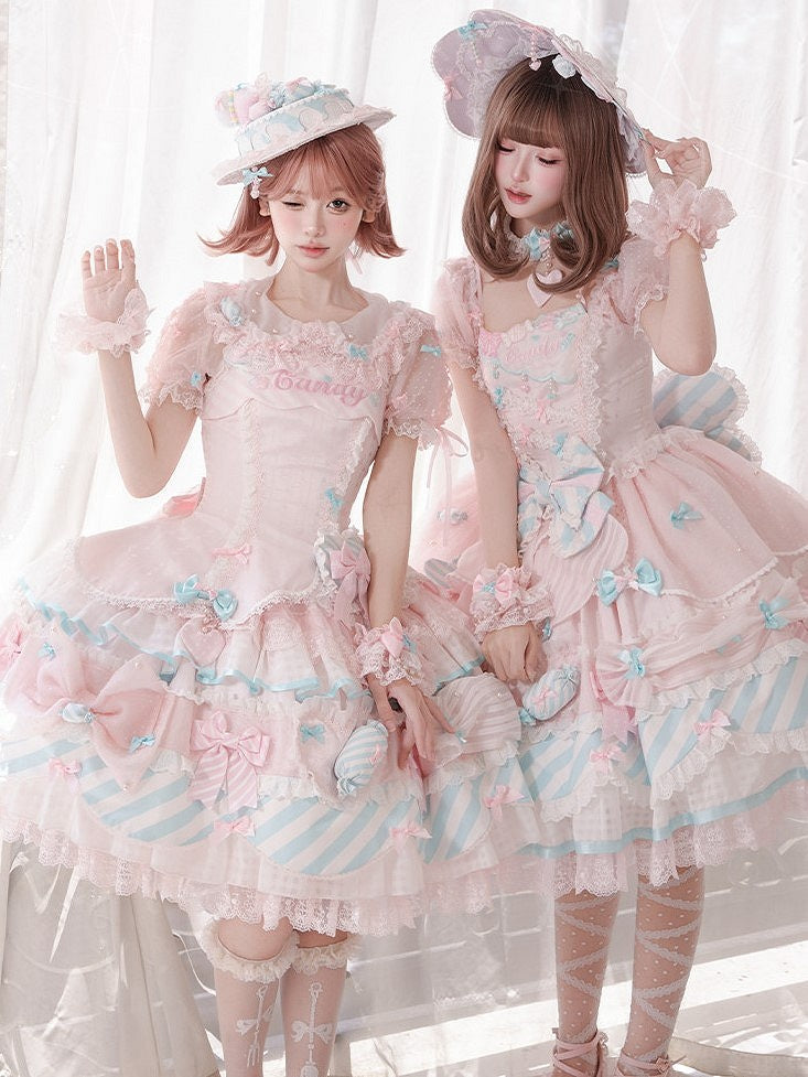 Pink Lace Sweet Lolita Wrist Cuffs with Bow and Bead Chains - Meng Fu Zi | CoyBunny