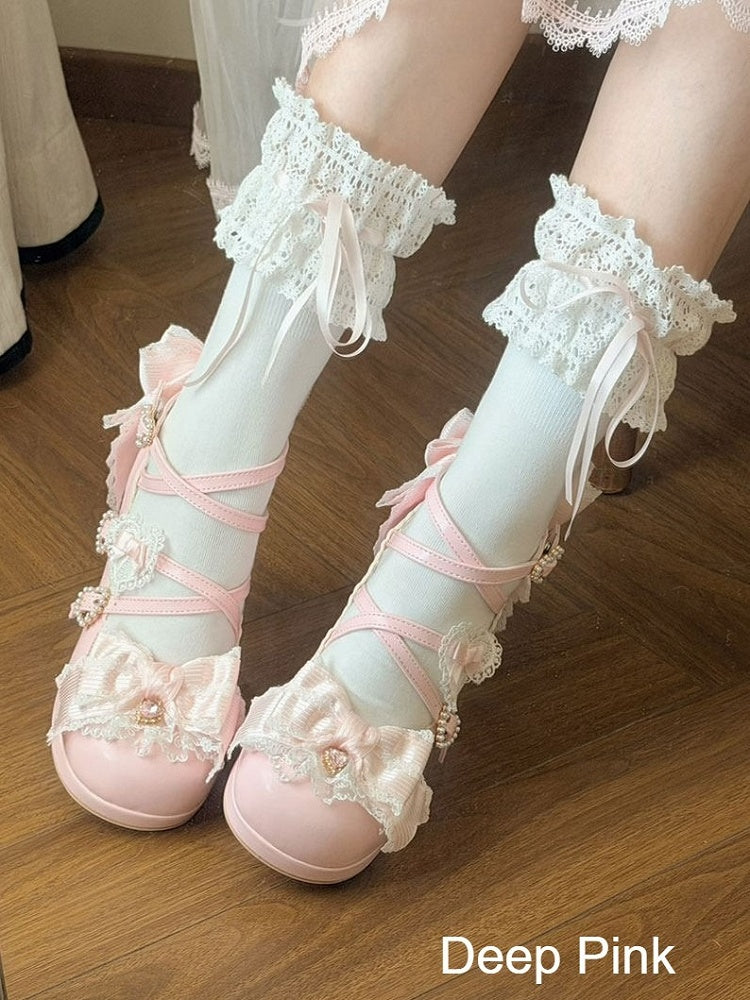 Sweet Lolita Pink Middle Heel Platform Shoes with Lace - Sheep Puff | CoyBunny