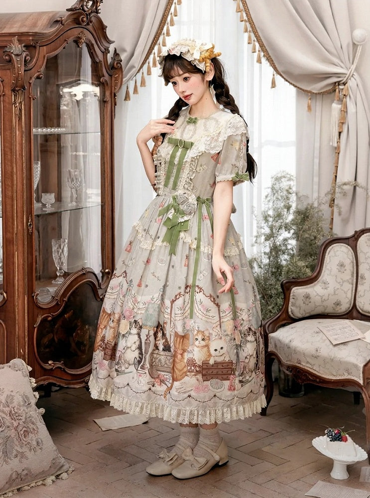 Green Cat Print Round Neck Sweet Lolita Dress with Lace Trim - NyaNya | CoyBunny