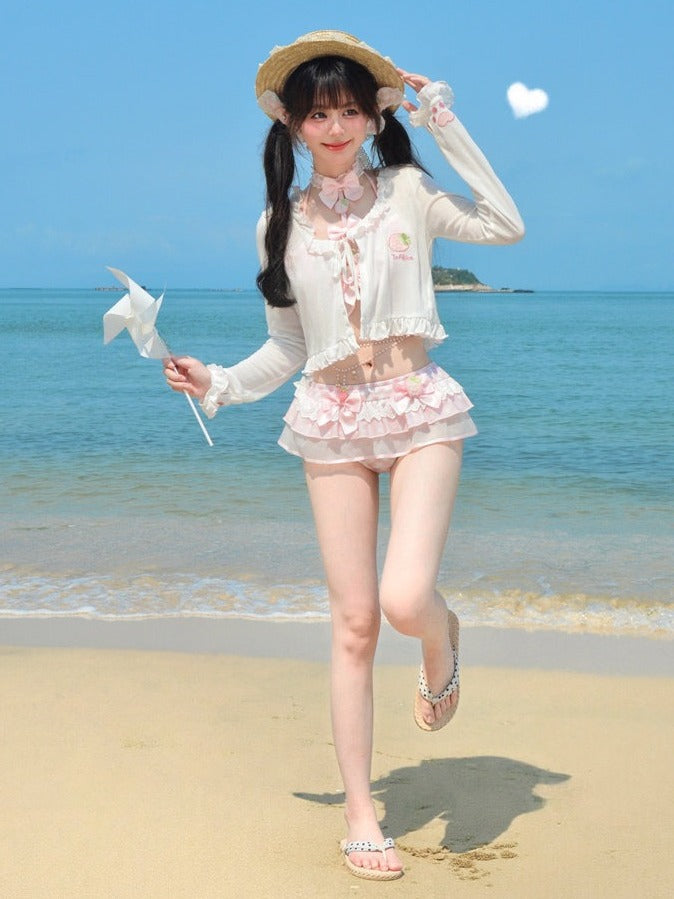 Sweet Strawberry Themed Light Pink Gingham Two-Piece Swimsuit Set Halter Top and Skirted Swim Brief - To Alice | CoyBunny