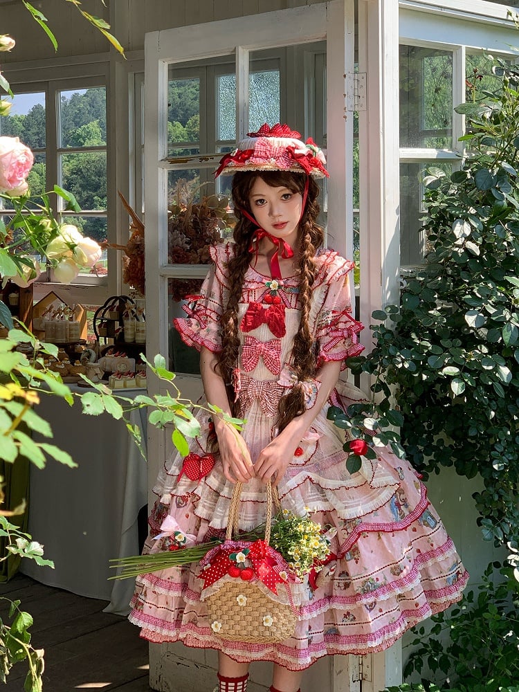 Pink Red Short Sleeve Ruffles Cottagecore Lolita OP Dress - DrunkCoco | CoyBunny