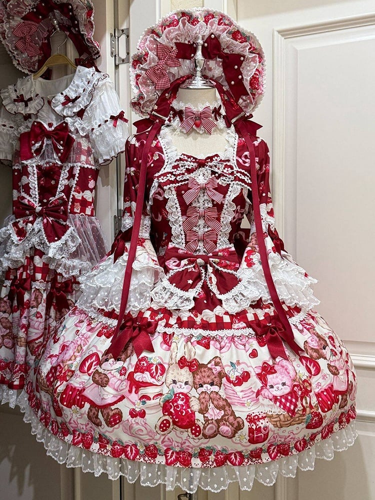 Red Bell Sleeves Sweet Lolita OP Dress with Teddy and Cake Print - Miss Han | CoyBunny