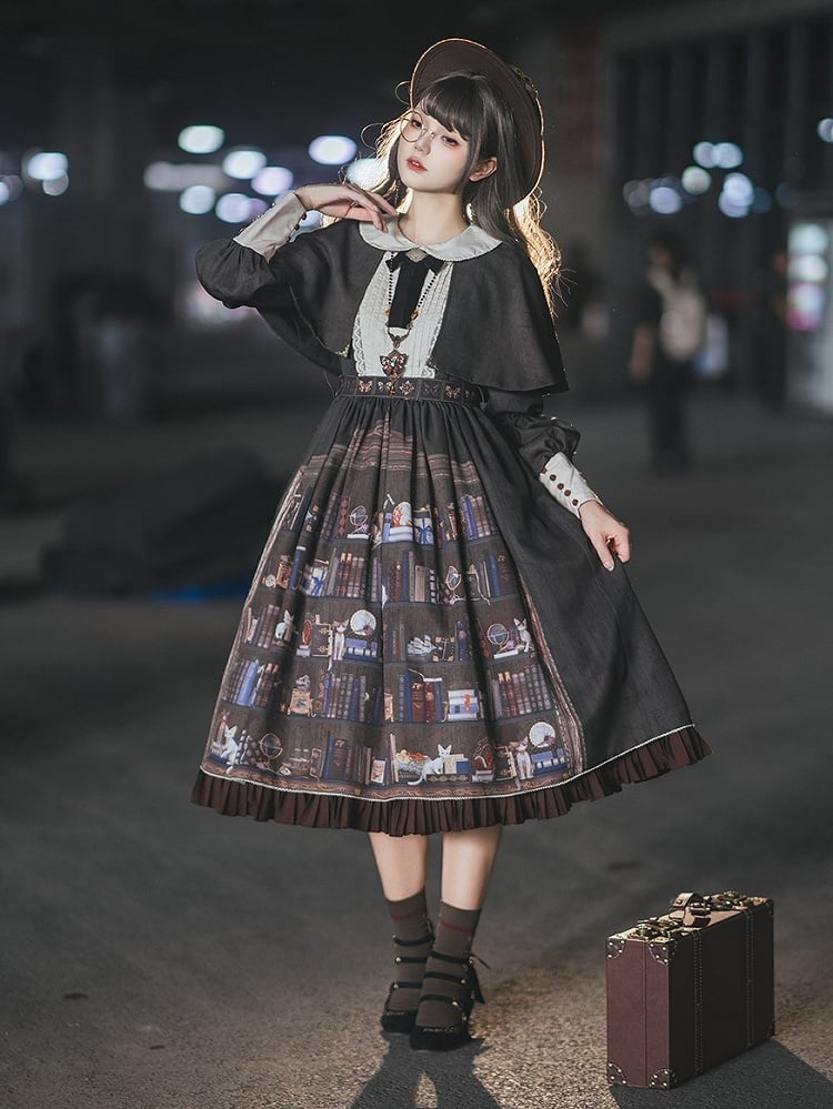 Dark Brown Bookshelf Print Long Sleeve Lolita Dress Cape - Miss Point | CoyBunny
