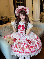 Pink Sweet Lolita JSK Dress with Bunny & Teddy Print, Lace & Bows - Miss Han | CoyBunny