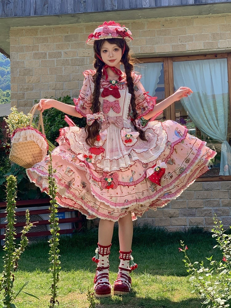 Pink Red Short Sleeve Ruffles Cottagecore Lolita OP Dress - DrunkCoco | CoyBunny