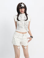 Sweet Kawaii White Distressed Shorts with Rivet and Cross Decor - Catwish | CoyBunny
