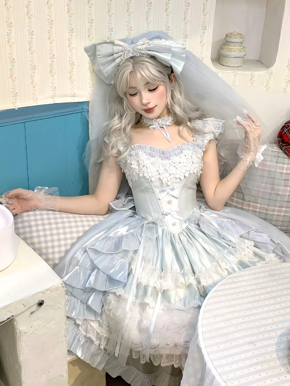 Hime Basque Flower Lace Layered Fluffy Lolita Dress Blooming with Blue Accents Waist | Sheer Ocean | CoyBunny