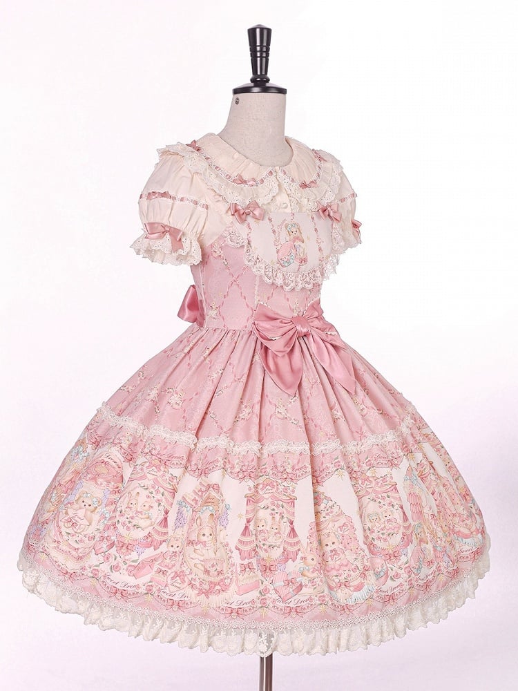 Sweet Pink Doll-Themed Lolita JSK with Bow Accents and Toy Bed Print - Alice Girl | CoyBunny