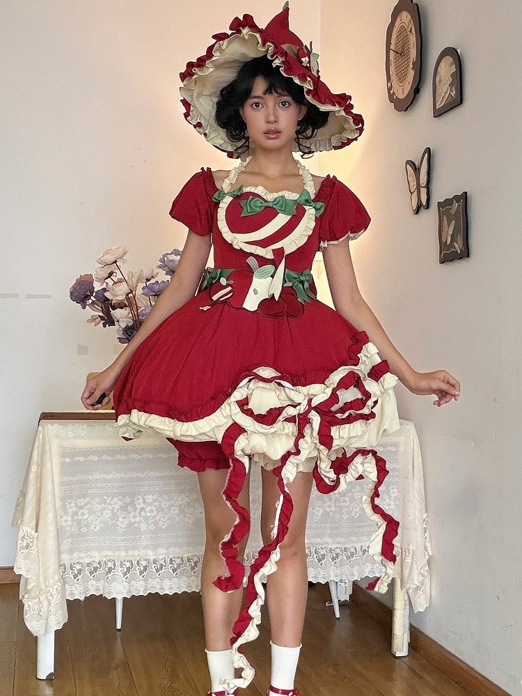 Red Ruffled Sweet Lolita Fluffy OP Dress Full Set | CoyBunny