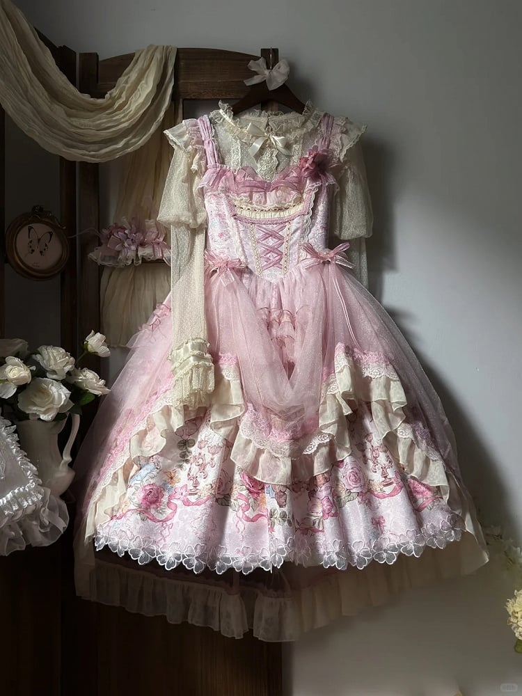 Pink Deer & Floral Print Flutter Sleeves Sweet Lolita JSK Dress with Overlay - Honey Machine | CoyBunny
