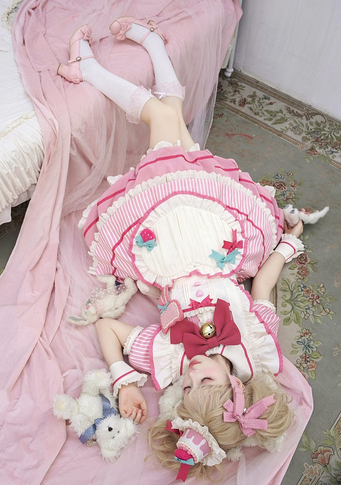 Strawberry Theme Sweet Lolita OP with Apron, Sakura Pink Striped Pattern - Sakurahime | CoyBunny