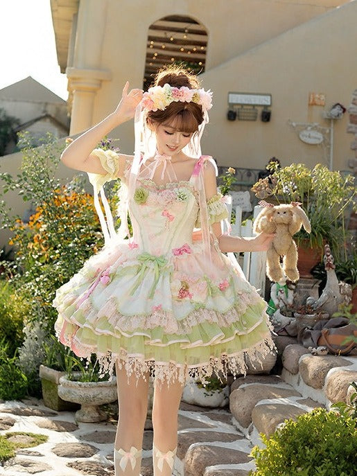 Sweet Lolita JSK Set with Floral Crown and Detachable Sleeves - Sweetheart Macaron Lolita | CoyBunny