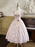 Graceful Pink Floral Lace JSK Dress with Brooch Set | CoyBunny