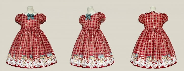 Red High-Waisted Cherry and Dessert Sweet Lolita Gingham Dress | CoyBunny
