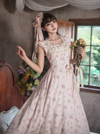 Graceful Pink Floral Lace JSK Dress with Brooch Set | CoyBunny