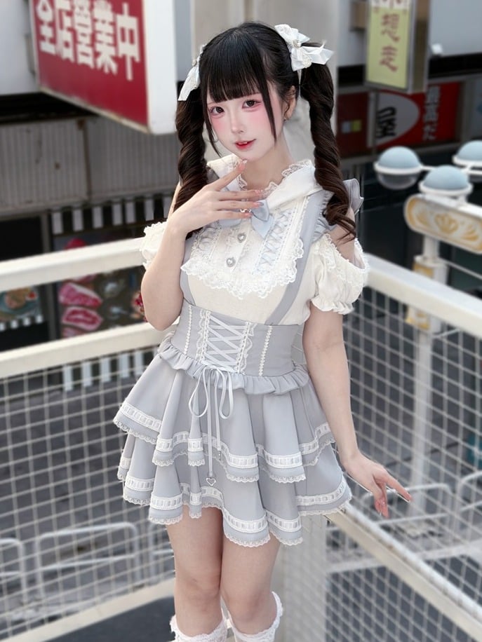 White & Light Blue Cutout Shoulder Bunny Ear Hooded Jacquard Knit Top with Lace and Bow Details - Puppet Bombs | CoyBunny