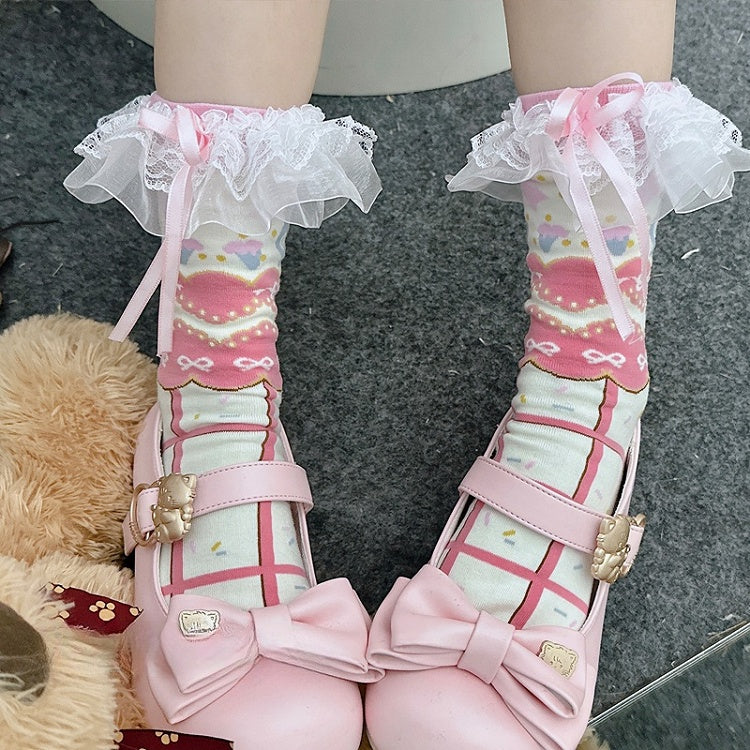 Sweet Lolita Striped Calf Socks with Lace-Trimmed Bow | CoyBunny
