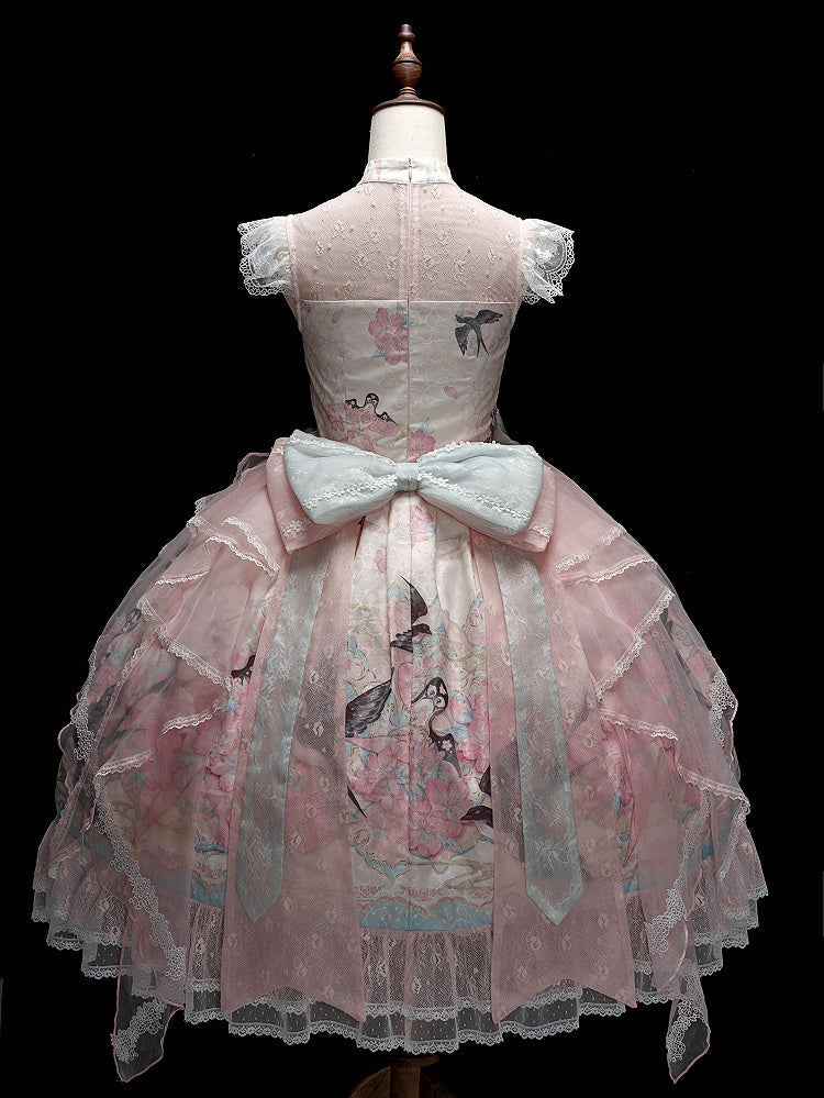 Pink Lace Qipao Collar Chinoiserie Lolita OP Dress with Swallow and Peach Blossom Print - Dream Magic Box | CoyBunny
