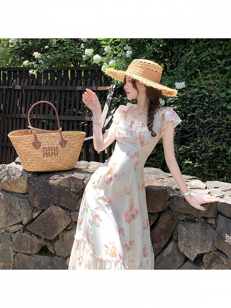 Apricot Summer Vacation Dress with Floral Pattern - Qchiwawameme | CoyBunny