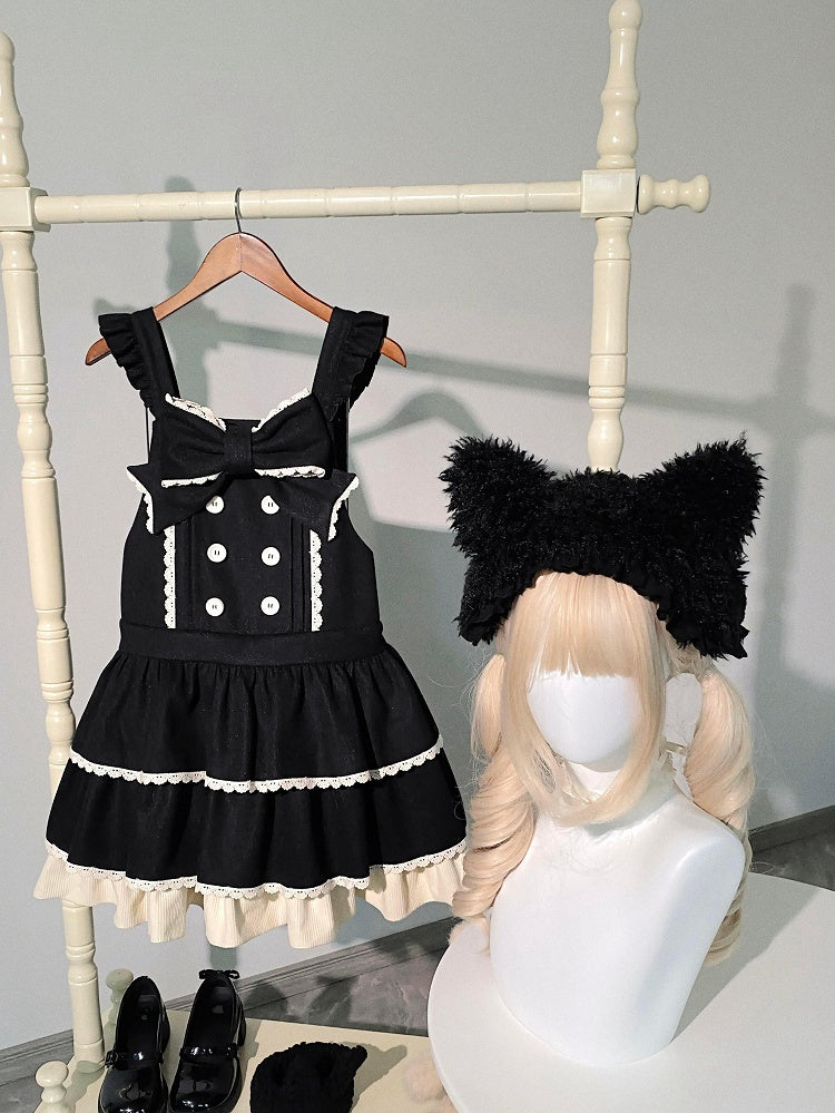 Sweet Winter Lolita Tiered Overall Dress in Black with Kitty Ear Hairband - With PUJI | CoyBunny