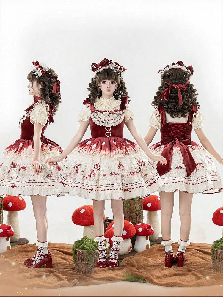 Red Velvet Mushroom Print JSK Dress with Heart Accent - Honey Machine | CoyBunny