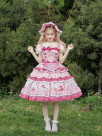 Pink Cherry Cake Print Sweet Lolita Dress with Layered Ruffles - Strawberry Fantasy | CoyBunny