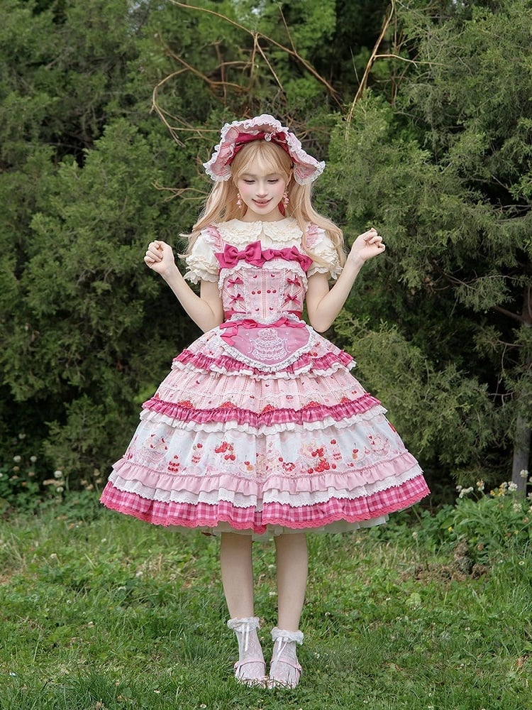 Pink Cherry Cake Print Sweet Lolita Dress with Layered Ruffles - Strawberry Fantasy | CoyBunny