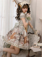 Green Cat Print Square Neckline Sweet Lolita JSK Dress with Plush Cat Patch - NyaNya | CoyBunny