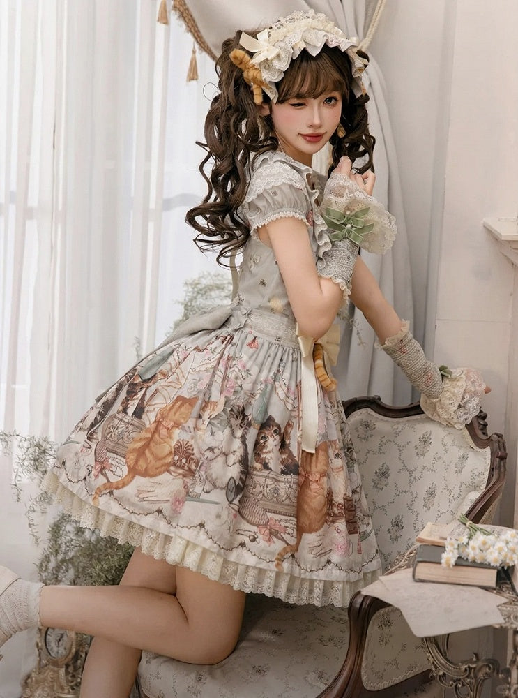 Green Cat Print Square Neckline Sweet Lolita JSK Dress with Plush Cat Patch - NyaNya | CoyBunny