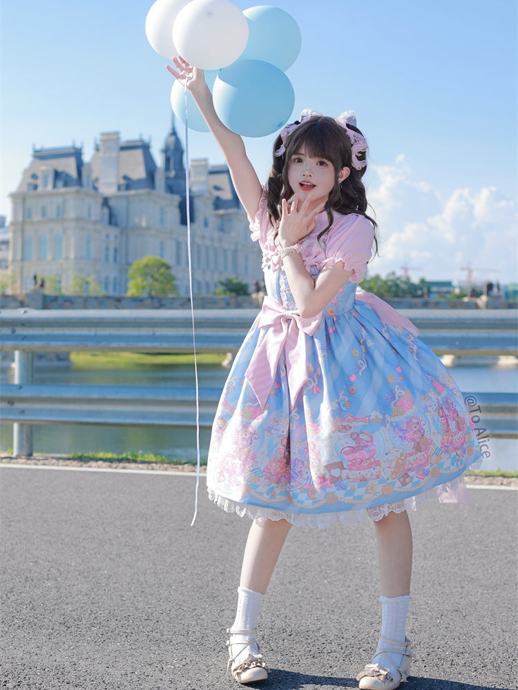 Neckline Design Bow Blue Ears Sweet Lolita Dress JSK Adorable Mouse Print Mouse Big - To Alice | CoyBunny