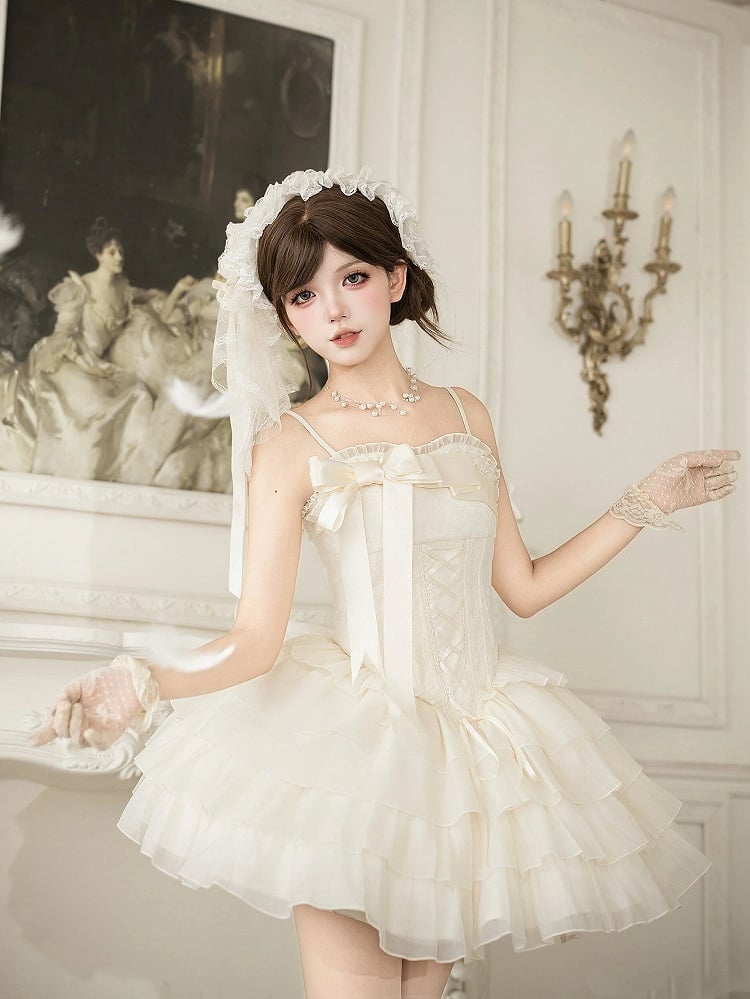 Boned Corset Waist Spaghetti Straps Dress Lolita JSK with Tiered Skirt - With PUJI | CoyBunny