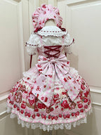 Pink Sweet Lolita JSK Dress with Bunny & Teddy Print, Lace & Bows - Miss Han | CoyBunny