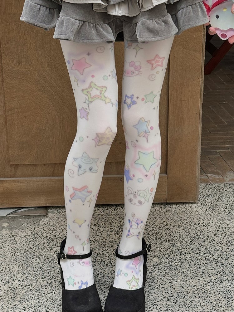 White Sweet Star Print Tights - Kawaii Cute Legwear | CoyBunny