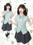 Green Plaid Short Sleeve Shirt with Kitty Embroidery - Languid Park | CoyBunny