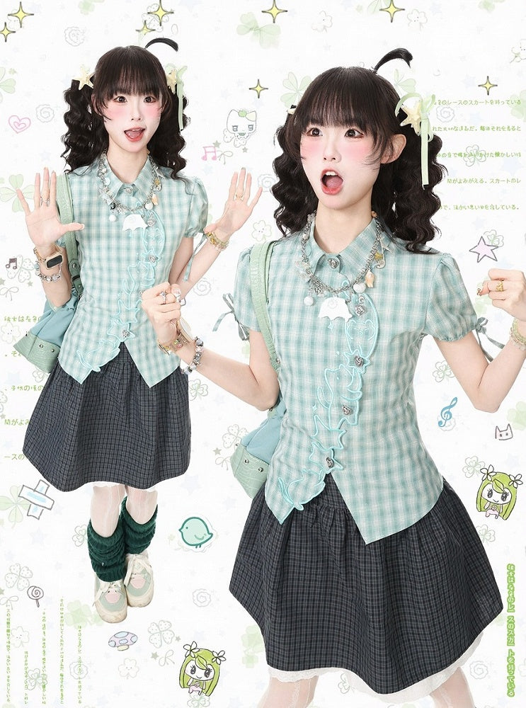 Green Plaid Short Sleeve Shirt with Kitty Embroidery - Languid Park | CoyBunny