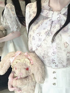 Bunny Ear Bow Collar Blouse, Short Sleeve, Pink & White Print - Kitty Bxllet | CoyBunny