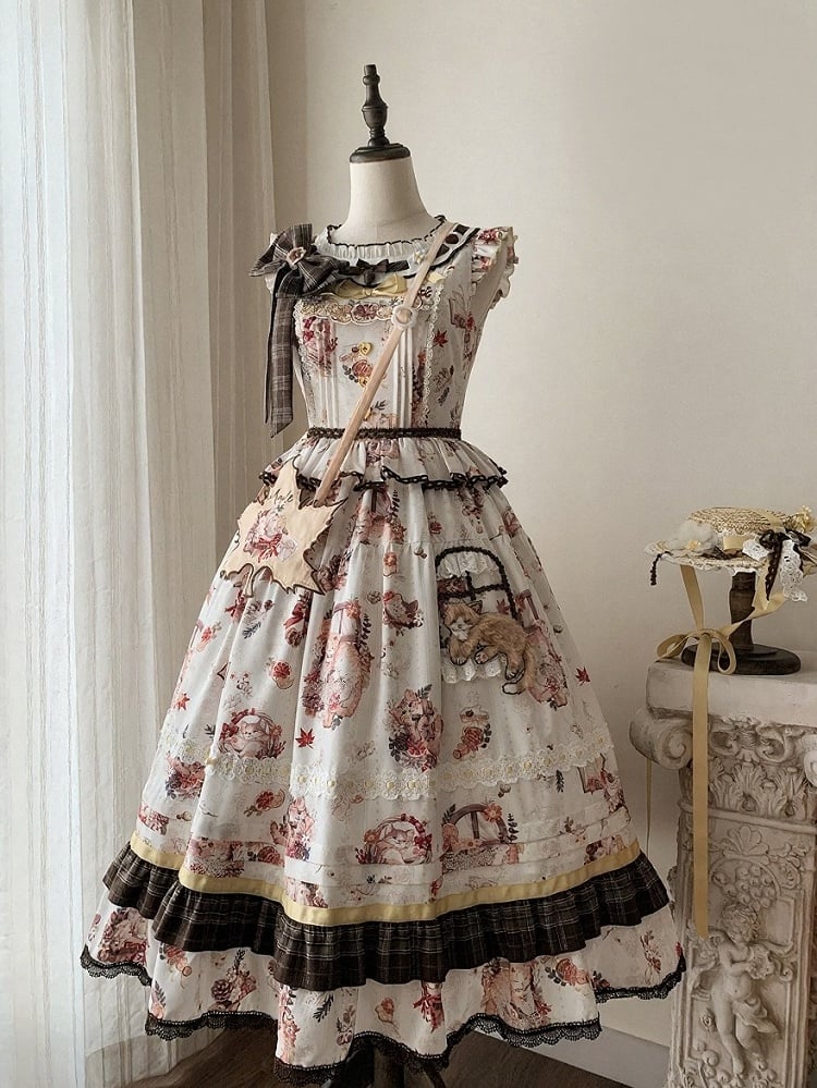 Cat and Maple Floral Print Jumper Skirt with Ruffle Trim - Lineall Cat | CoyBunny
