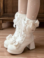 White Sweet Lolita Boots with Elegant Lacing - Sheep Puff | CoyBunny