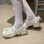 Sweet Lolita Milk White Bow Heart Buckle Strap Block Heel Mary Janes - XIN MENG | CoyBunny