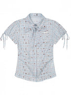Blue Kawaii Star Plaid Short Sleeve Shirt with Bow - Languid Park | CoyBunny