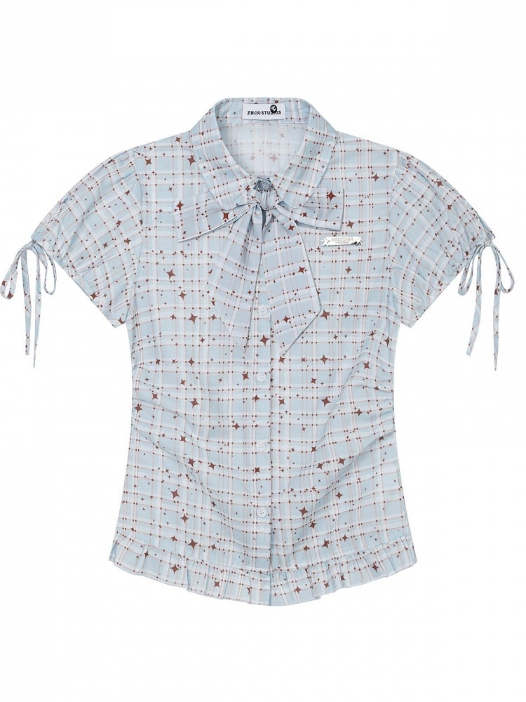 Blue Kawaii Star Plaid Short Sleeve Shirt with Bow - Languid Park | CoyBunny