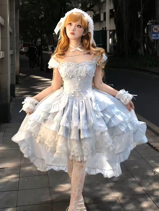Hime Basque Flower Lace Layered Fluffy Lolita Dress Blooming with Blue Accents Waist | Sheer Ocean | CoyBunny